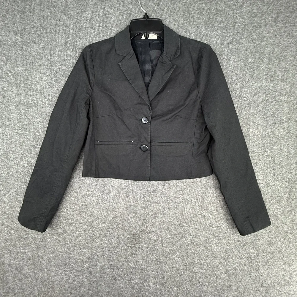 Maeve Anthropologie Blazer Womens 4 Black Cropped Two Button Cotton Stretch‎